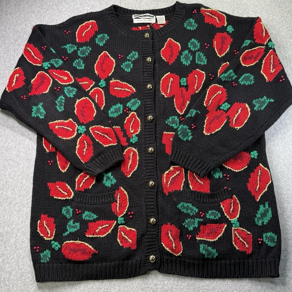 Vintage Jennifer Moore Christmas Sweater Cardigan Poinsettia Beaded‎ 1X